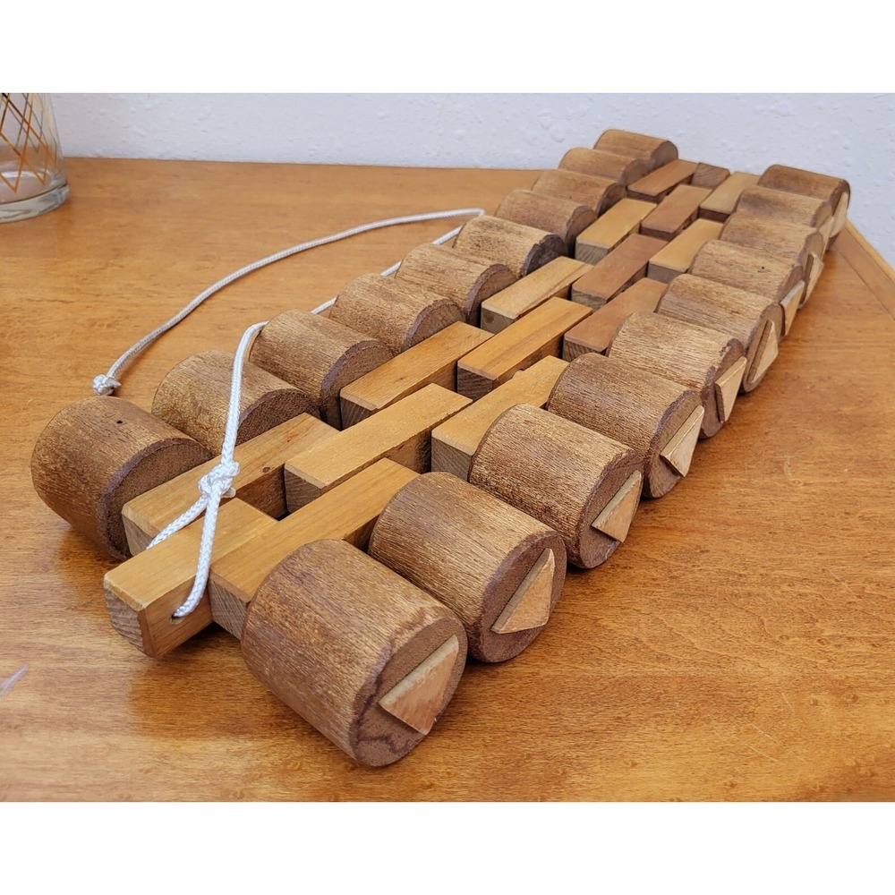 Vtg Wooden Pull Toy Rolling Folding Blocks Geometrical Cylinders Natural‎ Play
